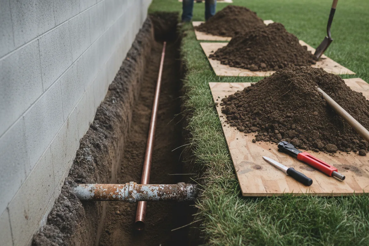 Excavated water line trench during Sewer Line Repair in Lithopolis